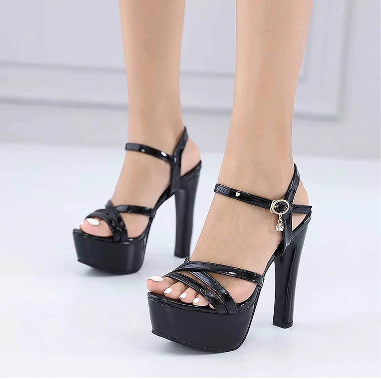 WOilERQ Women's Ankle Strap Sandals One Word Buckle Platform Chunky Heel Heels Platform Pump High Heel Model Fashion High Heels Classic Dress Office Shoes