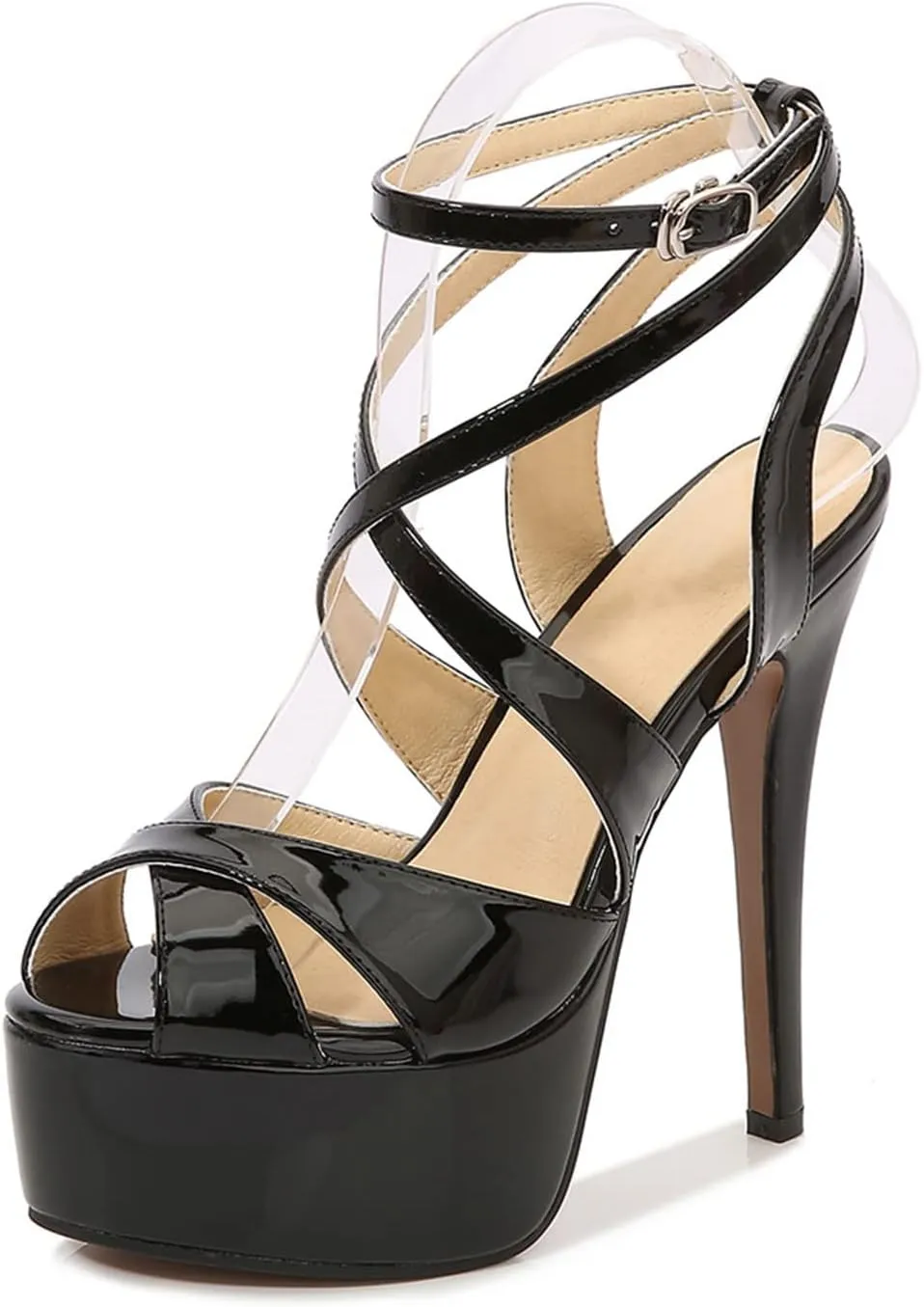 WOilERQ Women's Stiletto High Heels Open Toe Women Platform High Heel Platform Sandals Ankle Strap Dress Pumps Wedding Party Prom Shoes,Black,41