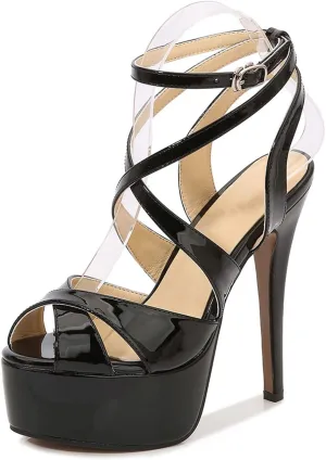 WOilERQ Women's Stiletto High Heels Open Toe Women Platform High Heel Platform Sandals Ankle Strap Dress Pumps Wedding Party Prom Shoes,Black,41