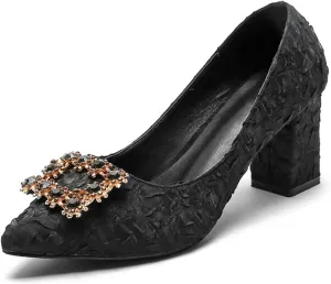 WOilERQ Women's Waterproof Platform Sandals Closed Toe Chunky Block High Heel Pointed Tip Shallow Mouth Square Buckle High Heel Classic Dress Office Shoes,Black,38