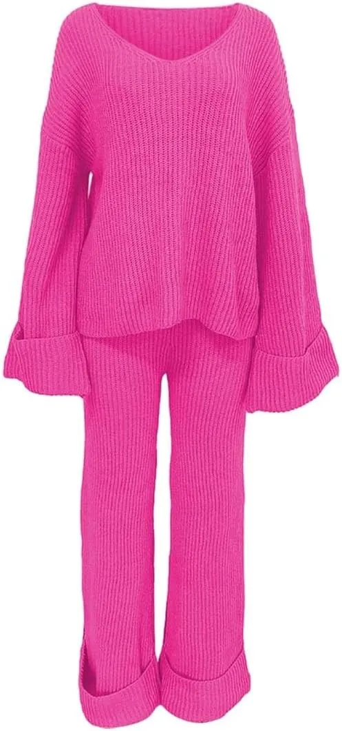 Women 2 Piece Outfit Lounge Sweaters Sets Off Shoulder Long Sleeve Knit Pullover Top Wide Leg Pant Set Travel Clothes