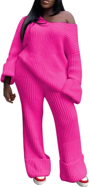 Women 2 Piece Outfit Lounge Sweaters Sets Off Shoulder Long Sleeve Knit Pullover Top Wide Leg Pant Set Travel Clothes