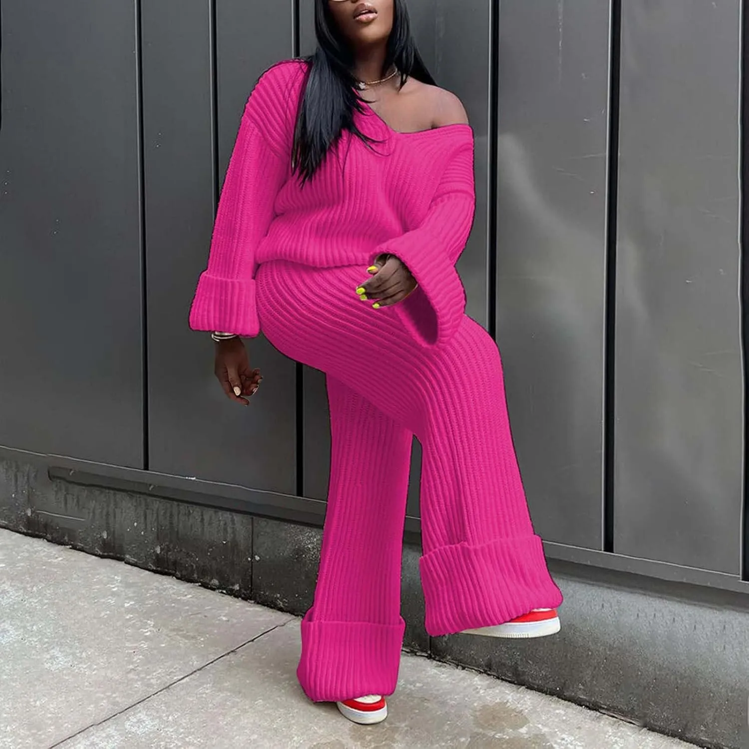 Women 2 Piece Outfit Lounge Sweaters Sets Off Shoulder Long Sleeve Knit Pullover Top Wide Leg Pant Set Travel Clothes