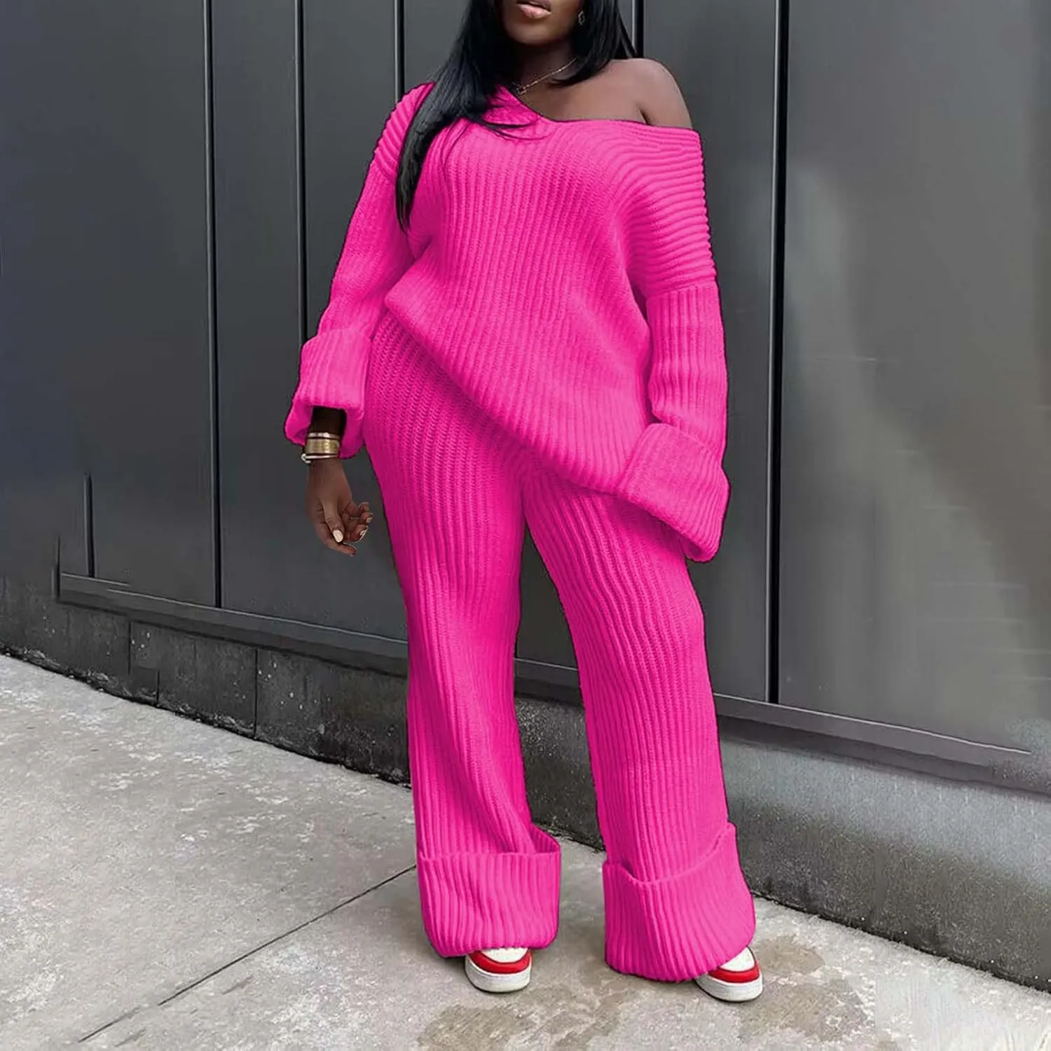 Women 2 Piece Outfit Lounge Sweaters Sets Off Shoulder Long Sleeve Knit Pullover Top Wide Leg Pant Set Travel Clothes