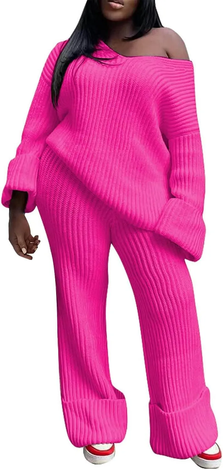 Women 2 Piece Outfit Lounge Sweaters Sets Off Shoulder Long Sleeve Knit Pullover Top Wide Leg Pant Set Travel Clothes