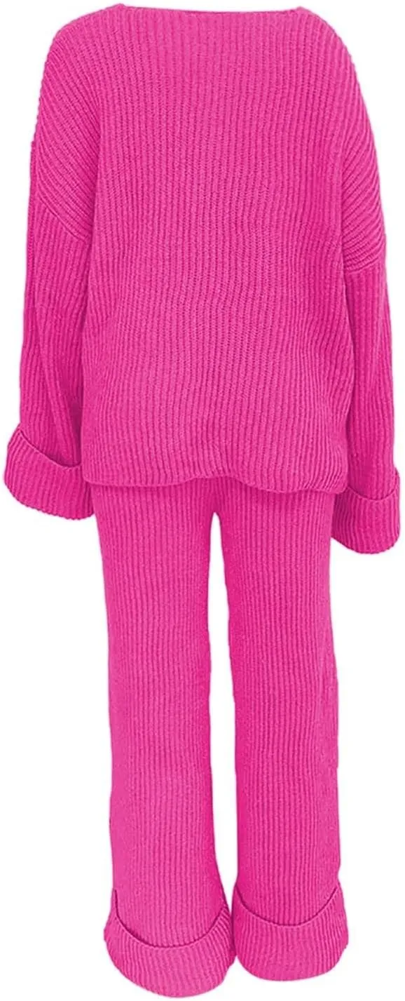 Women 2 Piece Outfit Lounge Sweaters Sets Off Shoulder Long Sleeve Knit Pullover Top Wide Leg Pant Set Travel Clothes