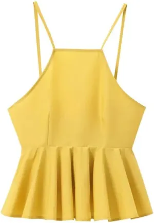 Women Elegant Camisole Poplin Solid Off-Shoulder Sleeveless Ruffle Halterneck Gentle Tank for