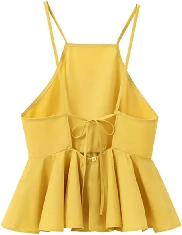 Women Elegant Camisole Poplin Solid Off-Shoulder Sleeveless Ruffle Halterneck Gentle Tank for