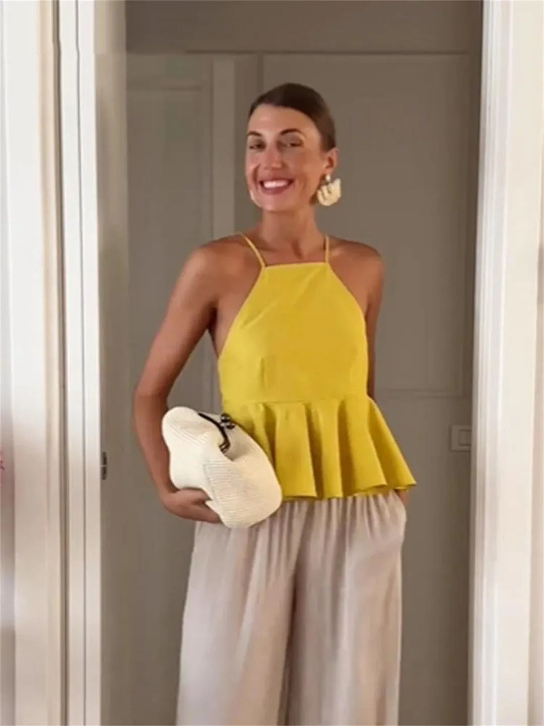 Women Elegant Camisole Poplin Solid Off-Shoulder Sleeveless Ruffle Halterneck Gentle Tank for