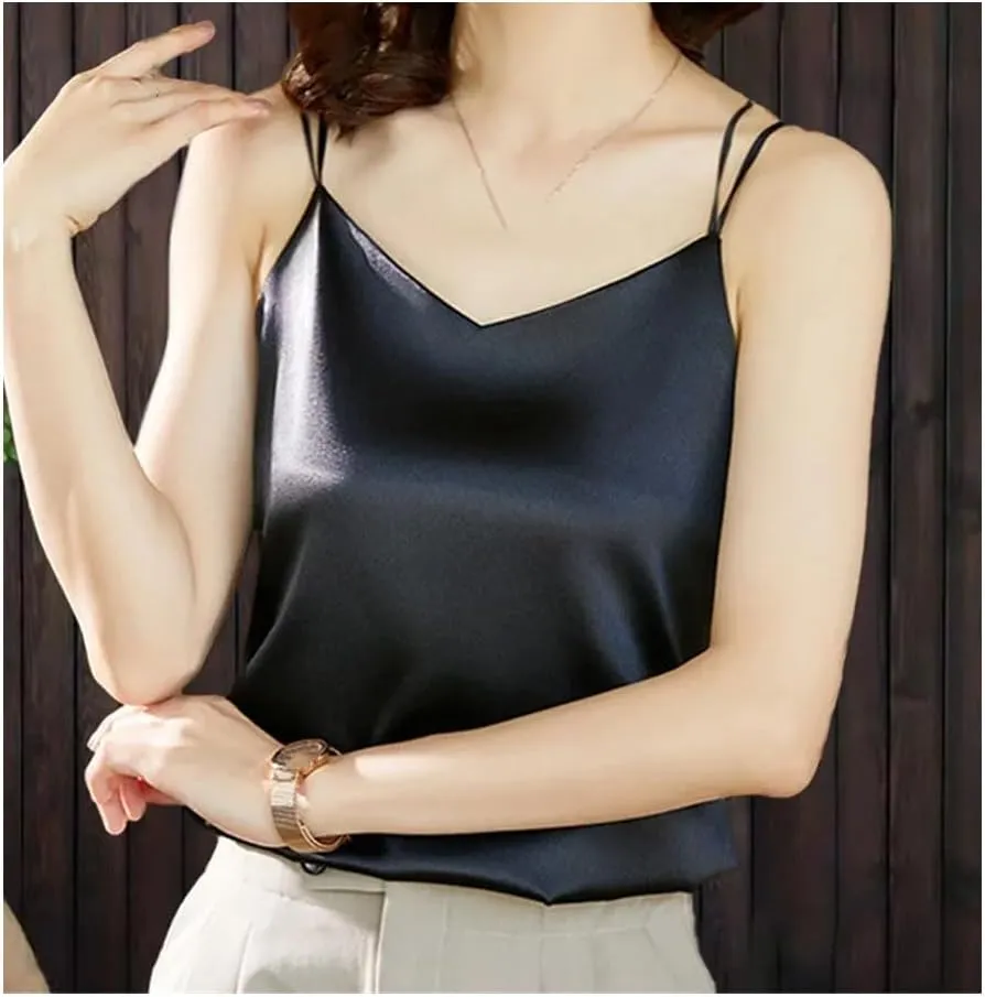 Women Fashion Satin Camisoles Solid Color Spaghetti Strap Tank Tops Female Basic Cami Sleeveless Tops