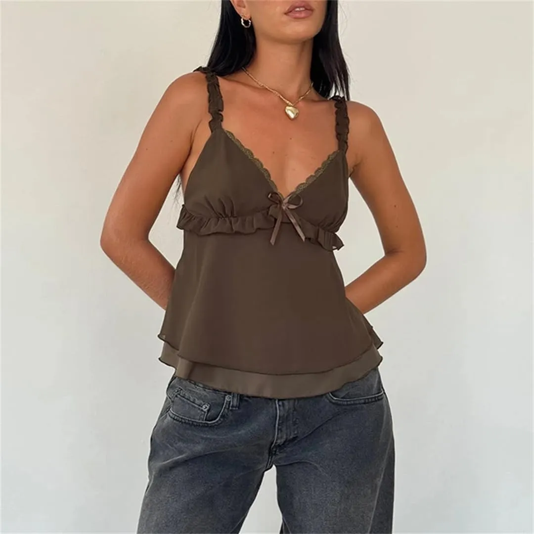 Women Frill Spaghetti Strap Chiffon Vest Bow Front Ruffled Camisole Sweet Crop Tops Retro Backless Clothes