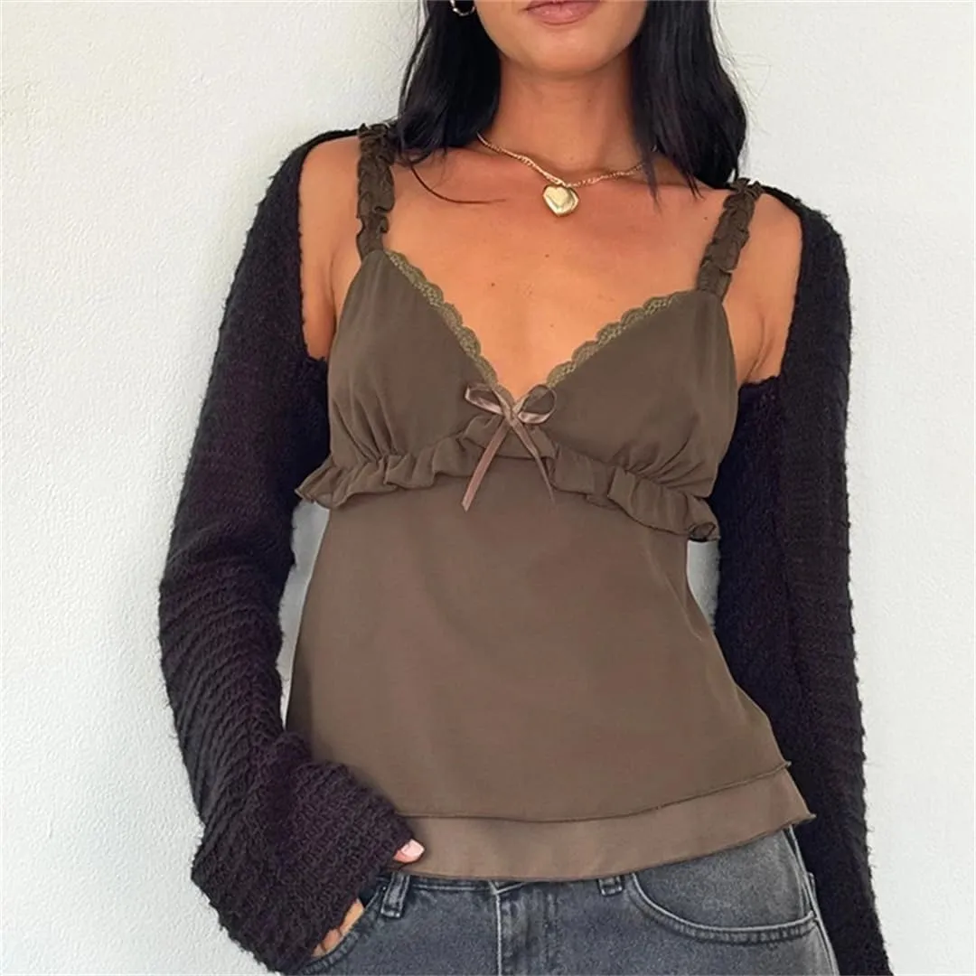 Women Frill Spaghetti Strap Chiffon Vest Bow Front Ruffled Camisole Sweet Crop Tops Retro Backless Clothes
