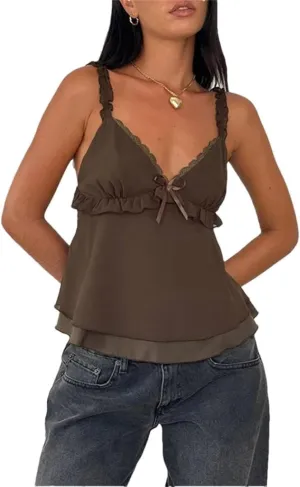 Women Frill Spaghetti Strap Chiffon Vest Bow Front Ruffled Camisole Sweet Crop Tops Retro Backless Clothes