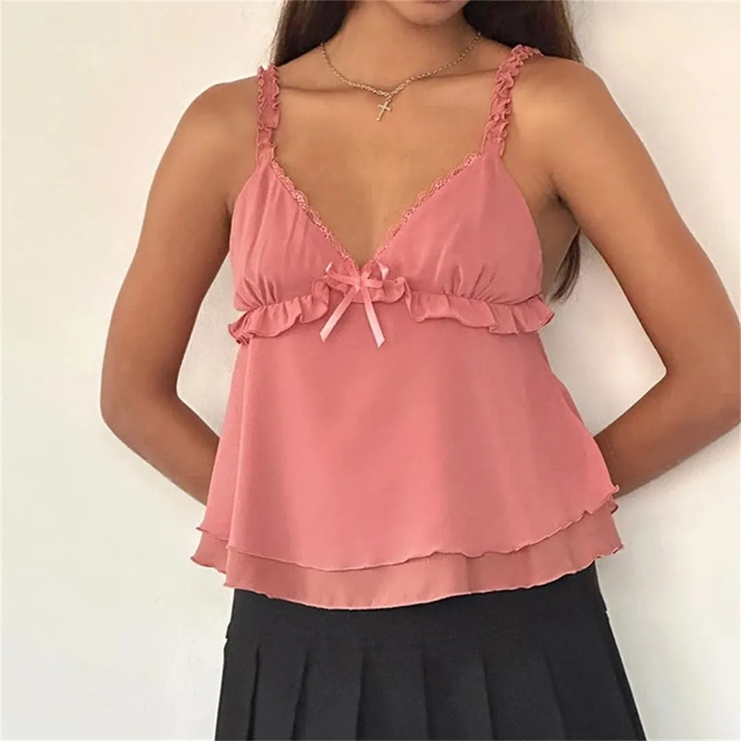 Women Frill Spaghetti Strap Chiffon Vest Bow Front Ruffled Camisole Sweet Crop Tops Retro Backless Clothes