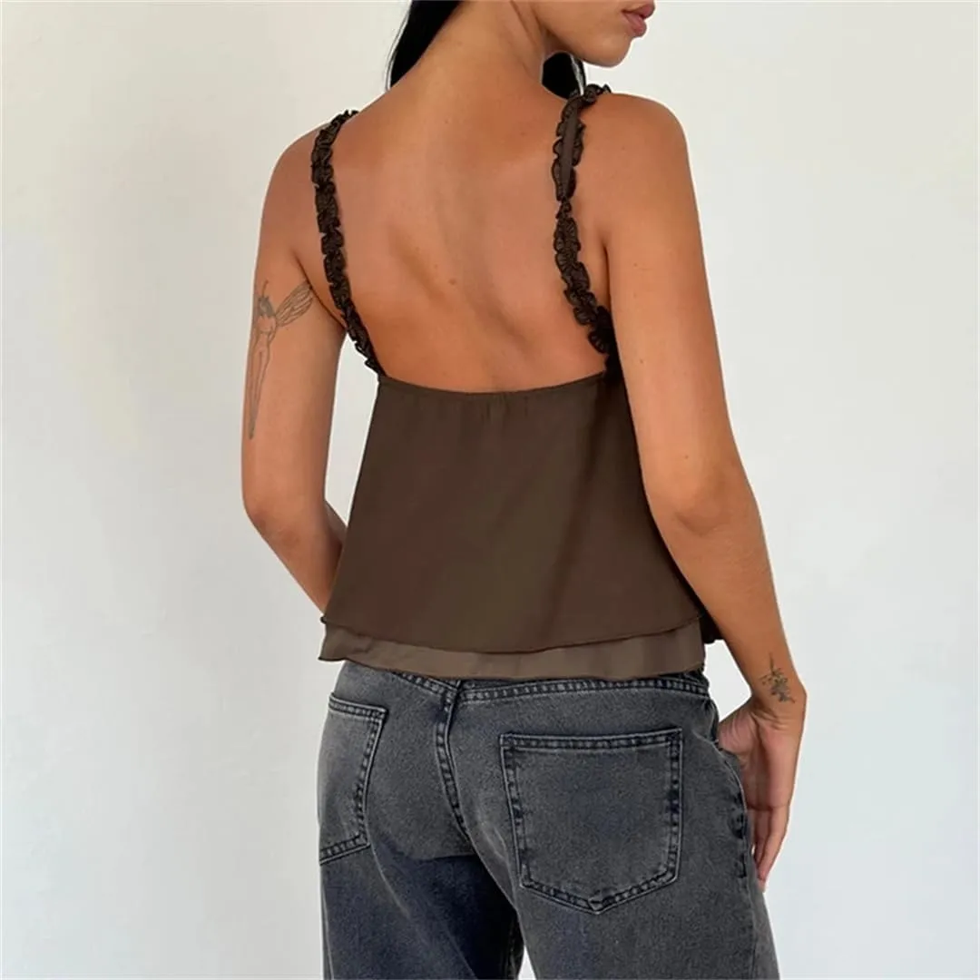 Women Frill Spaghetti Strap Chiffon Vest Bow Front Ruffled Camisole Sweet Crop Tops Retro Backless Clothes