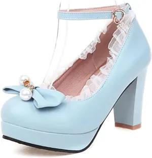 Women Kawaii Shoes Mid Block Heel Mary Jane Pumps with Bow Cute Closed Toe Goth Strappy Lace Party Dress Shoes Lolita Princess Single Shoes (Color : Blue, Size : 9 US)