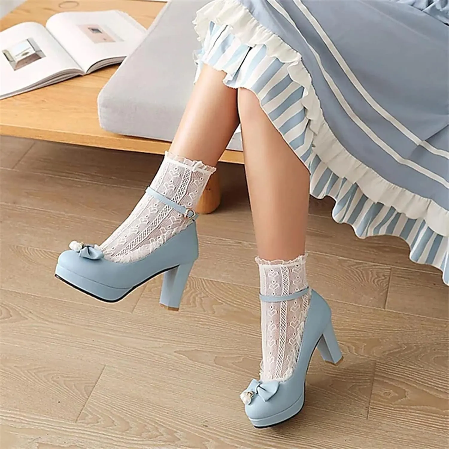 Women Kawaii Shoes Mid Block Heel Mary Jane Pumps with Bow Cute Closed Toe Goth Strappy Lace Party Dress Shoes Lolita Princess Single Shoes (Color : Blue, Size : 9 US)
