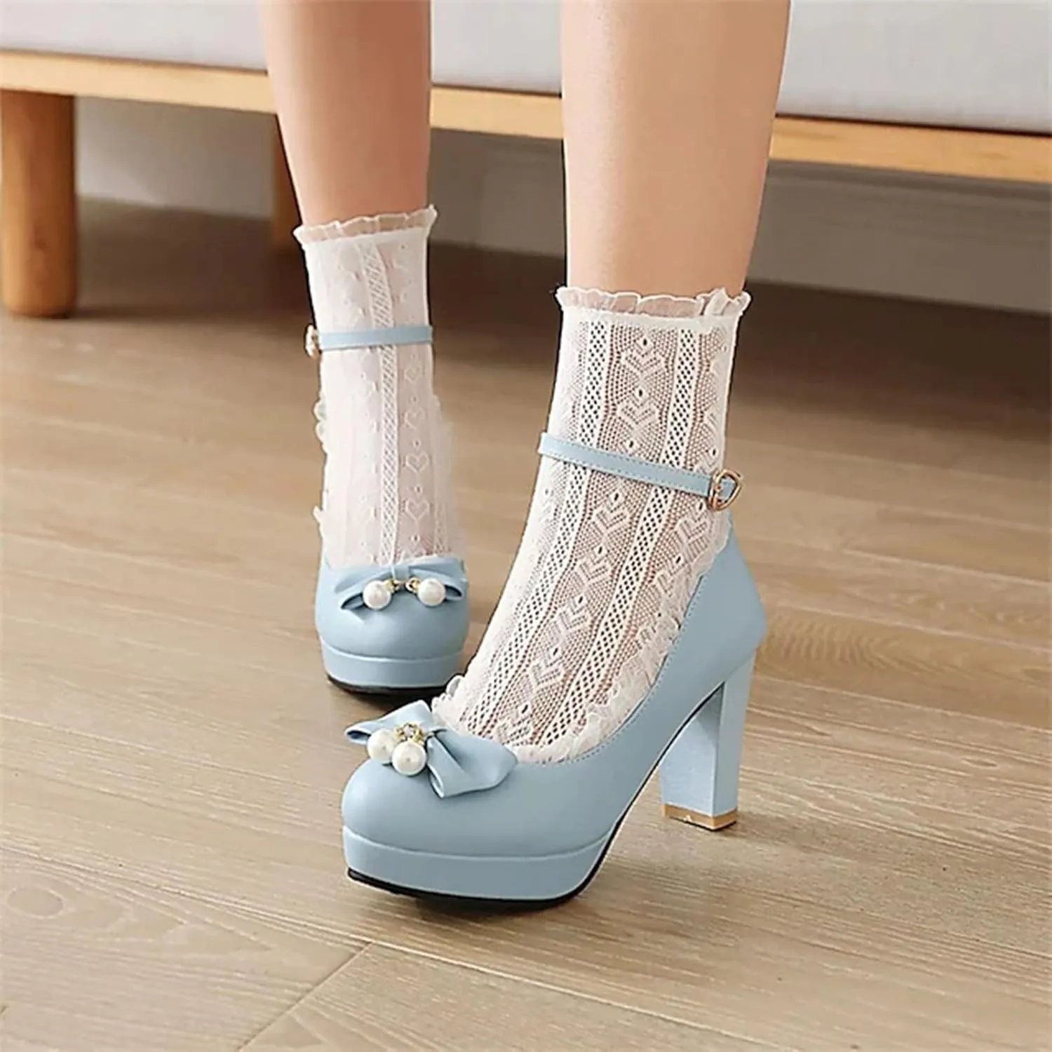 Women Kawaii Shoes Mid Block Heel Mary Jane Pumps with Bow Cute Closed Toe Goth Strappy Lace Party Dress Shoes Lolita Princess Single Shoes (Color : Blue, Size : 9 US)
