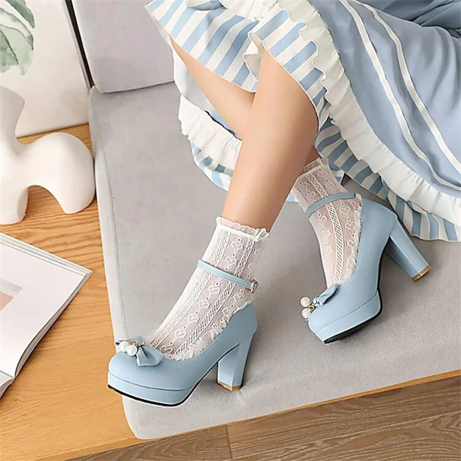 Women Kawaii Shoes Mid Block Heel Mary Jane Pumps with Bow Cute Closed Toe Goth Strappy Lace Party Dress Shoes Lolita Princess Single Shoes (Color : Blue, Size : 9 US)