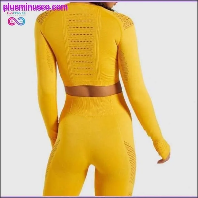 Women Seamless Workout Long Sleeve Crop Top Yoga Sets