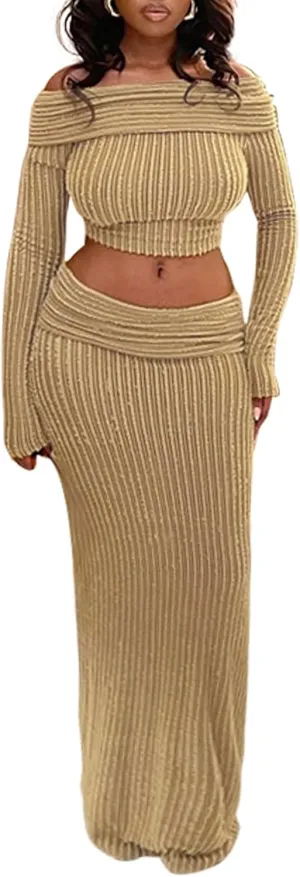 Women Sexy 2 Piece Stripe Long Maxi Skirt Sets Off Shoulder Crop Top and High Waist Long Skirt
