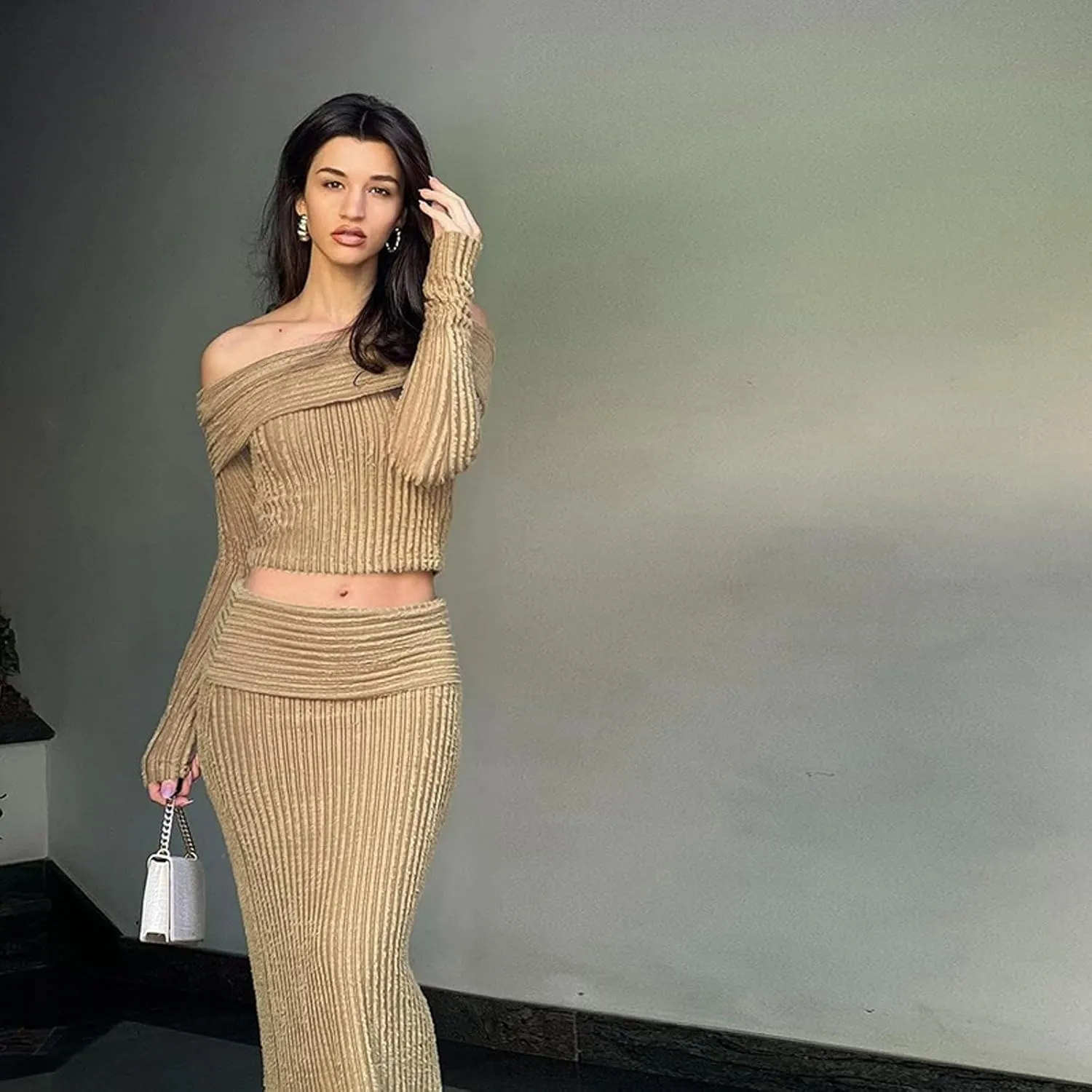 Women Sexy 2 Piece Stripe Long Maxi Skirt Sets Off Shoulder Crop Top and High Waist Long Skirt