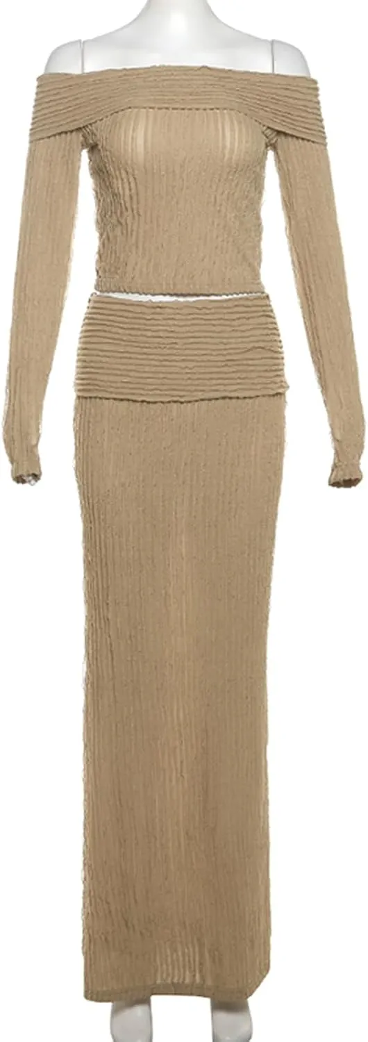 Women Sexy 2 Piece Stripe Long Maxi Skirt Sets Off Shoulder Crop Top and High Waist Long Skirt