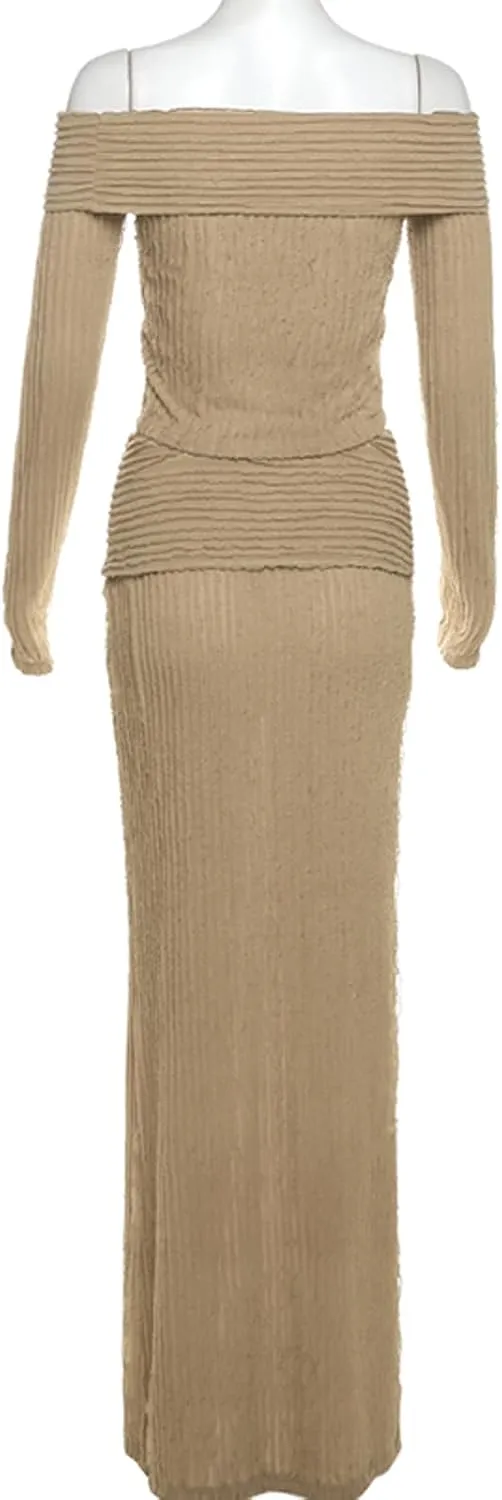 Women Sexy 2 Piece Stripe Long Maxi Skirt Sets Off Shoulder Crop Top and High Waist Long Skirt