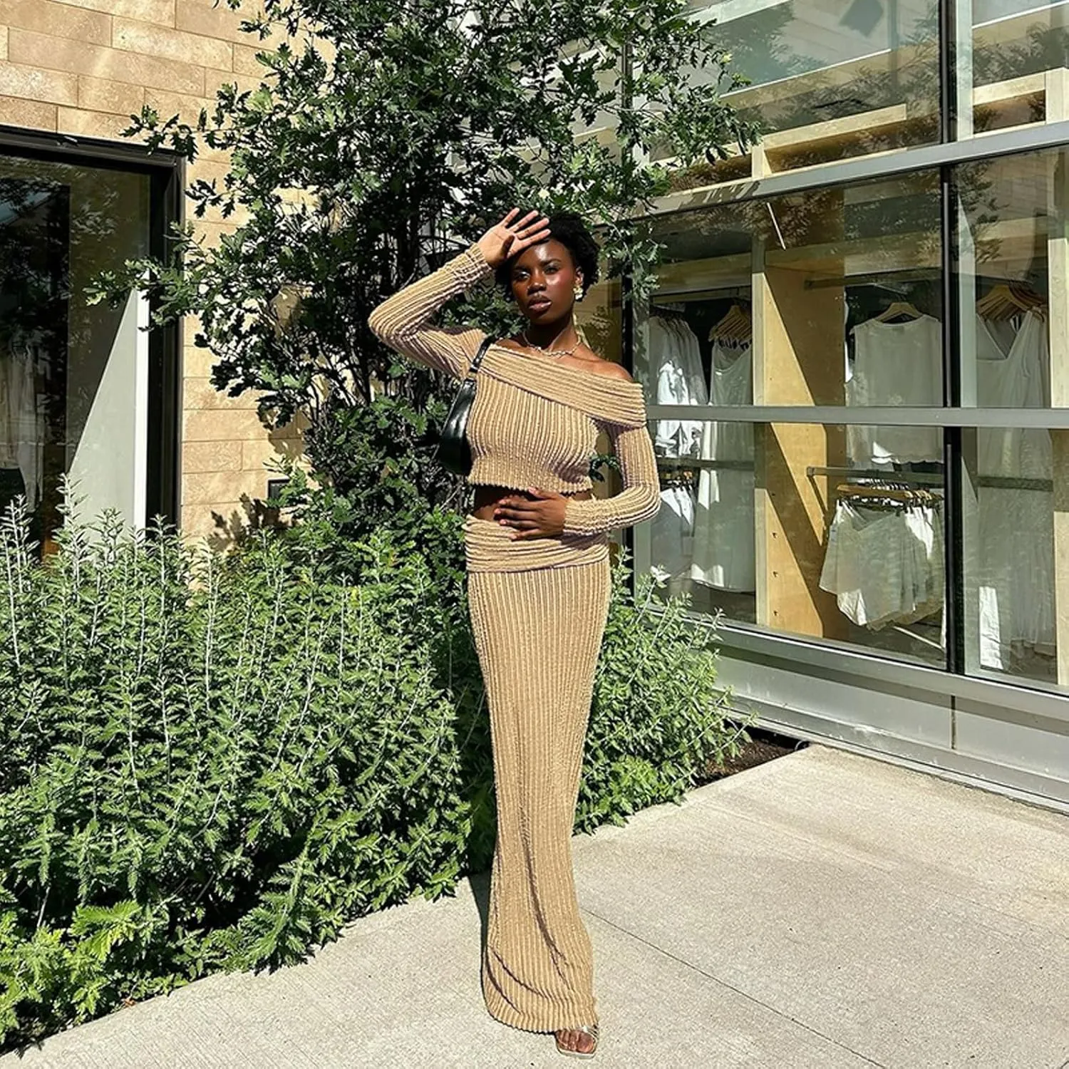 Women Sexy 2 Piece Stripe Long Maxi Skirt Sets Off Shoulder Crop Top and High Waist Long Skirt