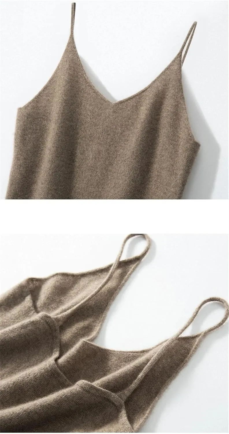 Women Solid Color V-Neck 100%Wool Knitted Tank Tops Spaghetti Strap Camisole Classic Basic Cami