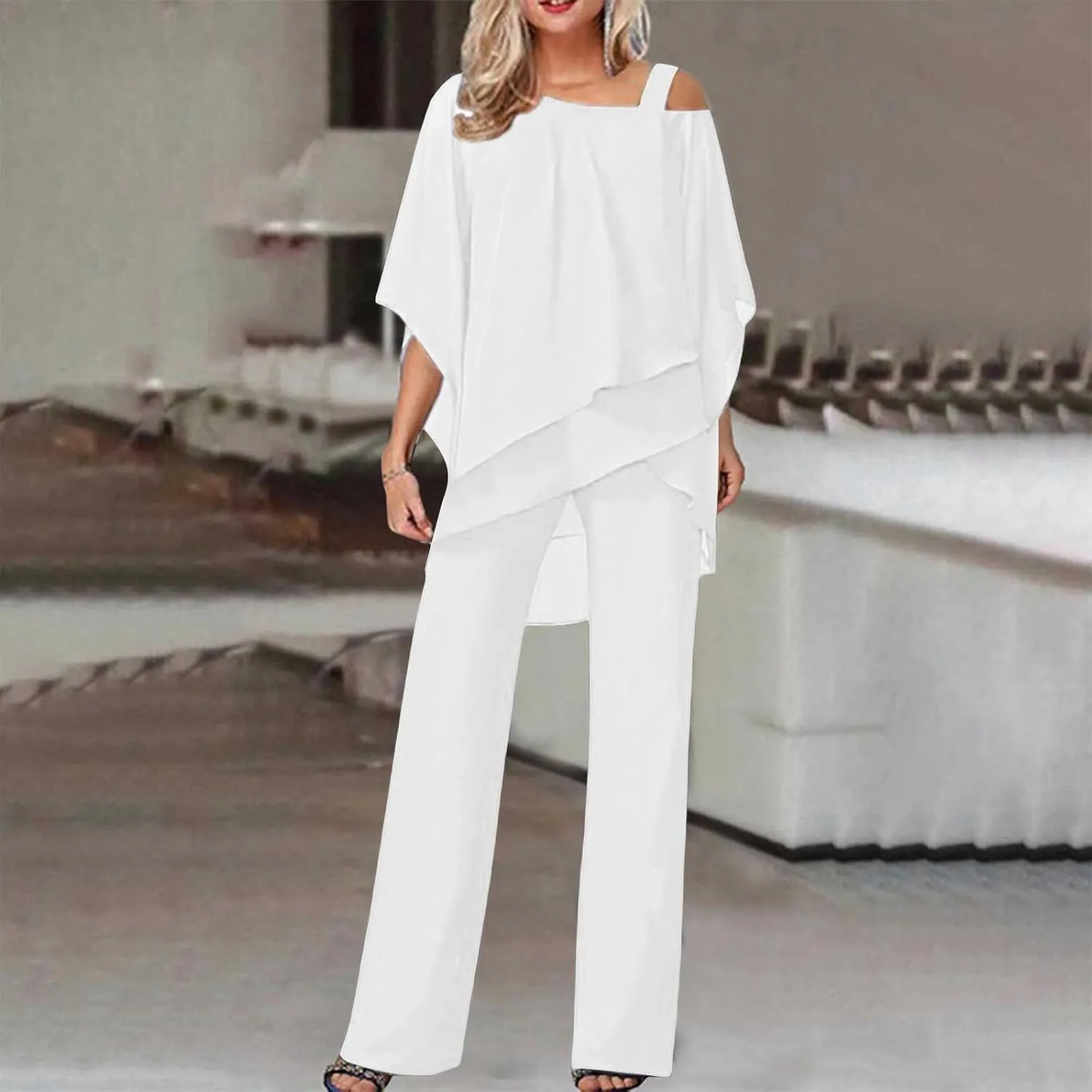 Women Summer 2 Piece Outfits High Low Sexy Off Shoulder Short Sleeve Flowy Blouse Suits Loose Fit Wide Leg Pants Sets