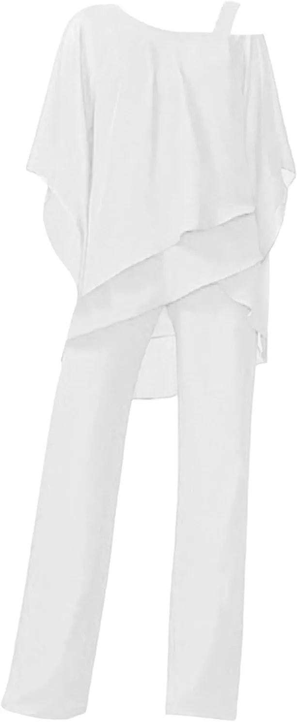 Women Summer 2 Piece Outfits High Low Sexy Off Shoulder Short Sleeve Flowy Blouse Suits Loose Fit Wide Leg Pants Sets