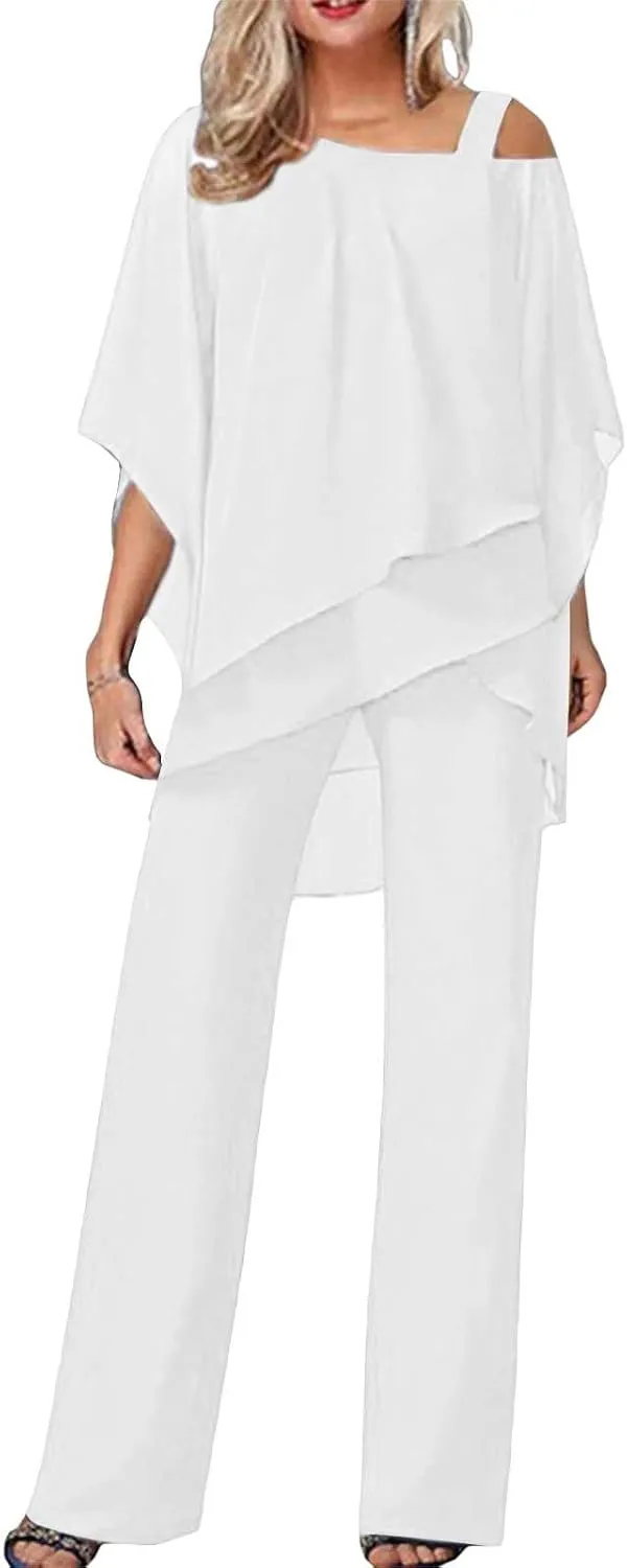Women Summer 2 Piece Outfits High Low Sexy Off Shoulder Short Sleeve Flowy Blouse Suits Loose Fit Wide Leg Pants Sets