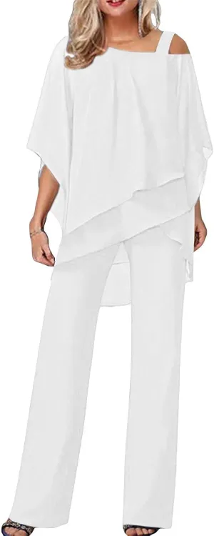 Women Summer 2 Piece Outfits High Low Sexy Off Shoulder Short Sleeve Flowy Blouse Suits Loose Fit Wide Leg Pants Sets