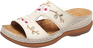Women Summer Wedge Sandals Women Comfortable Arch Support Slides Platform Sandals Wide Width Open Toe Slip On Embroidered Flower Hollow Fish Mouth Beach Walking Slipper
