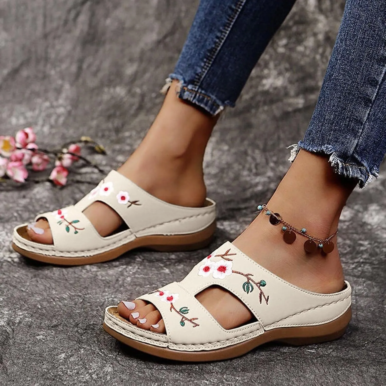 Women Summer Wedge Sandals Women Comfortable Arch Support Slides Platform Sandals Wide Width Open Toe Slip On Embroidered Flower Hollow Fish Mouth Beach Walking Slipper
