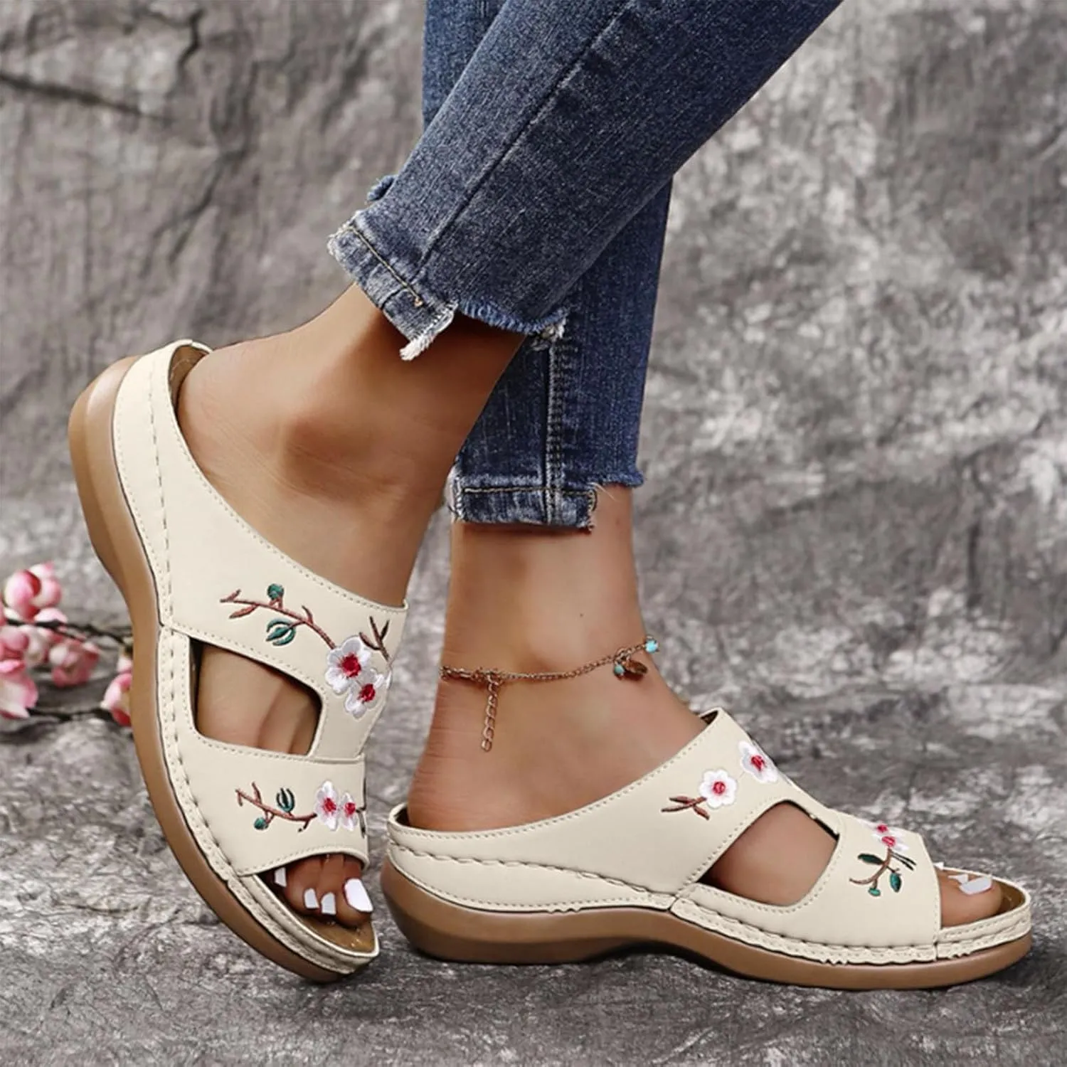Women Summer Wedge Sandals Women Comfortable Arch Support Slides Platform Sandals Wide Width Open Toe Slip On Embroidered Flower Hollow Fish Mouth Beach Walking Slipper