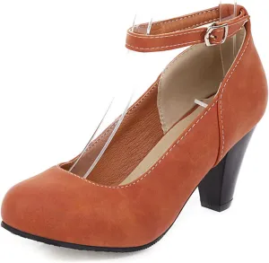 Women Vintage Ankle Strap Mary Jane Shoes Non Slip Thick High Heel Round Toe Dress Pumps