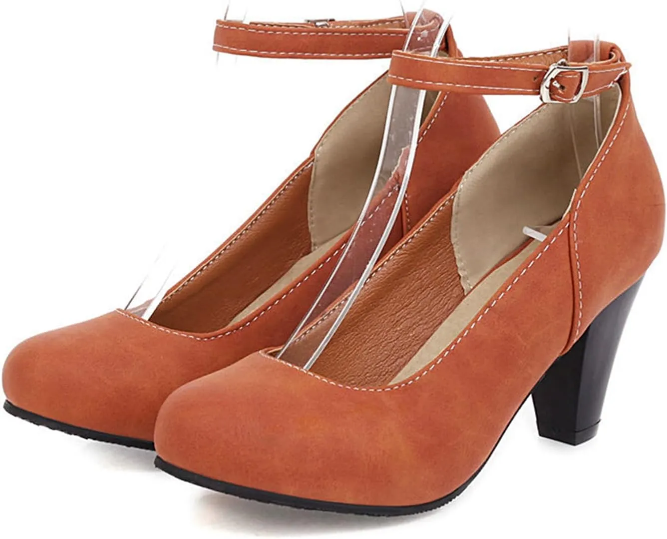 Women Vintage Ankle Strap Mary Jane Shoes Non Slip Thick High Heel Round Toe Dress Pumps