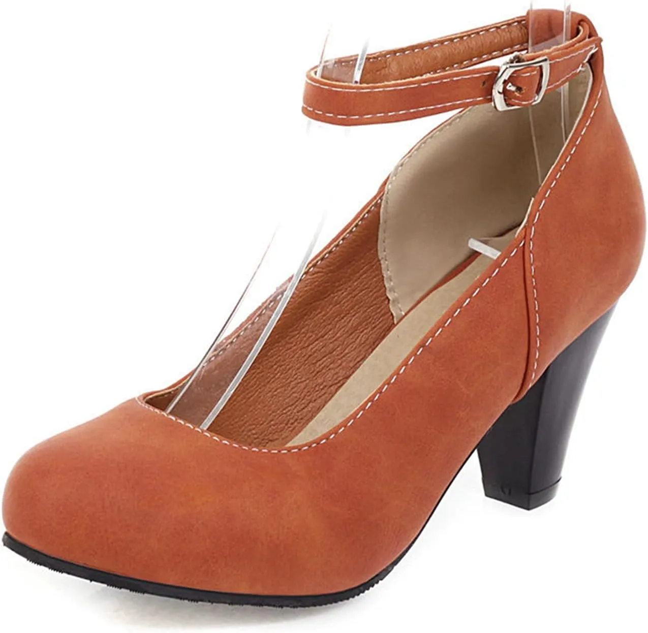 Women Vintage Ankle Strap Mary Jane Shoes Non Slip Thick High Heel Round Toe Dress Pumps