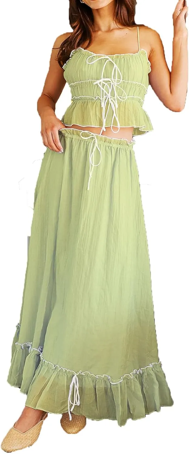 Women Y2k 2 Piece Outfits Ruched Ruffle Front Tie-Up Camisoles and Maxi Skirt Set Tank Top Beachwear