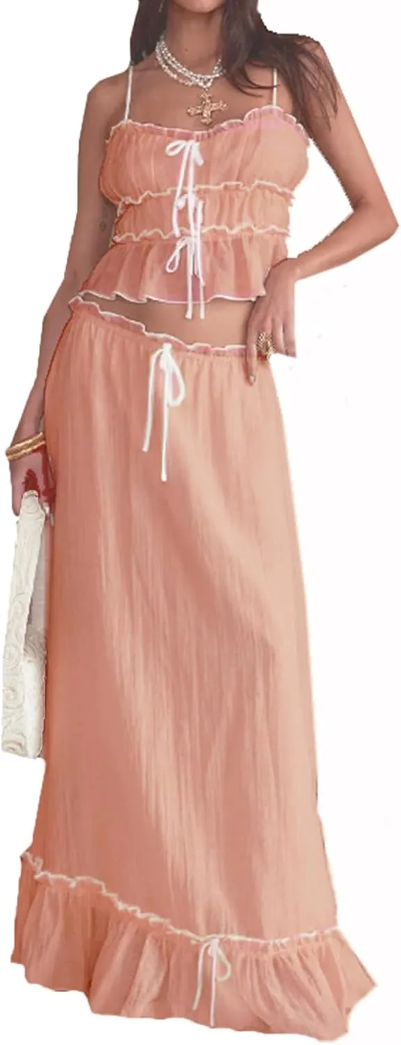 Women Y2k 2 Piece Outfits Ruched Ruffle Front Tie-Up Camisoles and Maxi Skirt Set Tank Top Beachwear