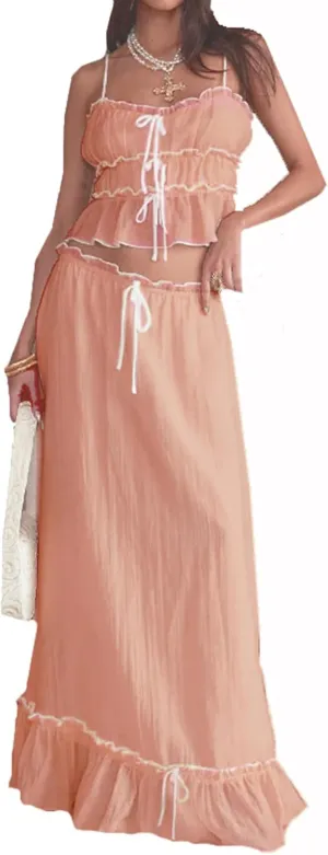 Women Y2k 2 Piece Outfits Ruched Ruffle Front Tie-Up Camisoles and Maxi Skirt Set Tank Top Beachwear