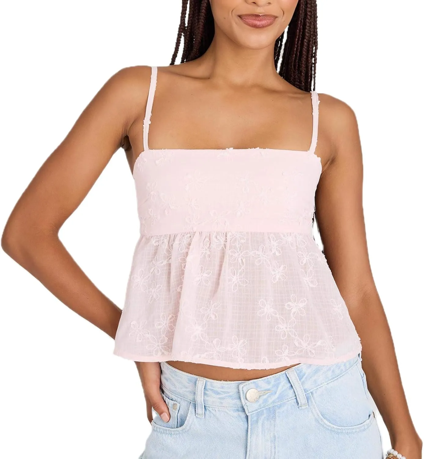 Women Y2k Embroidery Floral Square Neck Tank Tops Ruffle Flowy Summer Solid Camisole Backless Sleeveless Cami Shirt