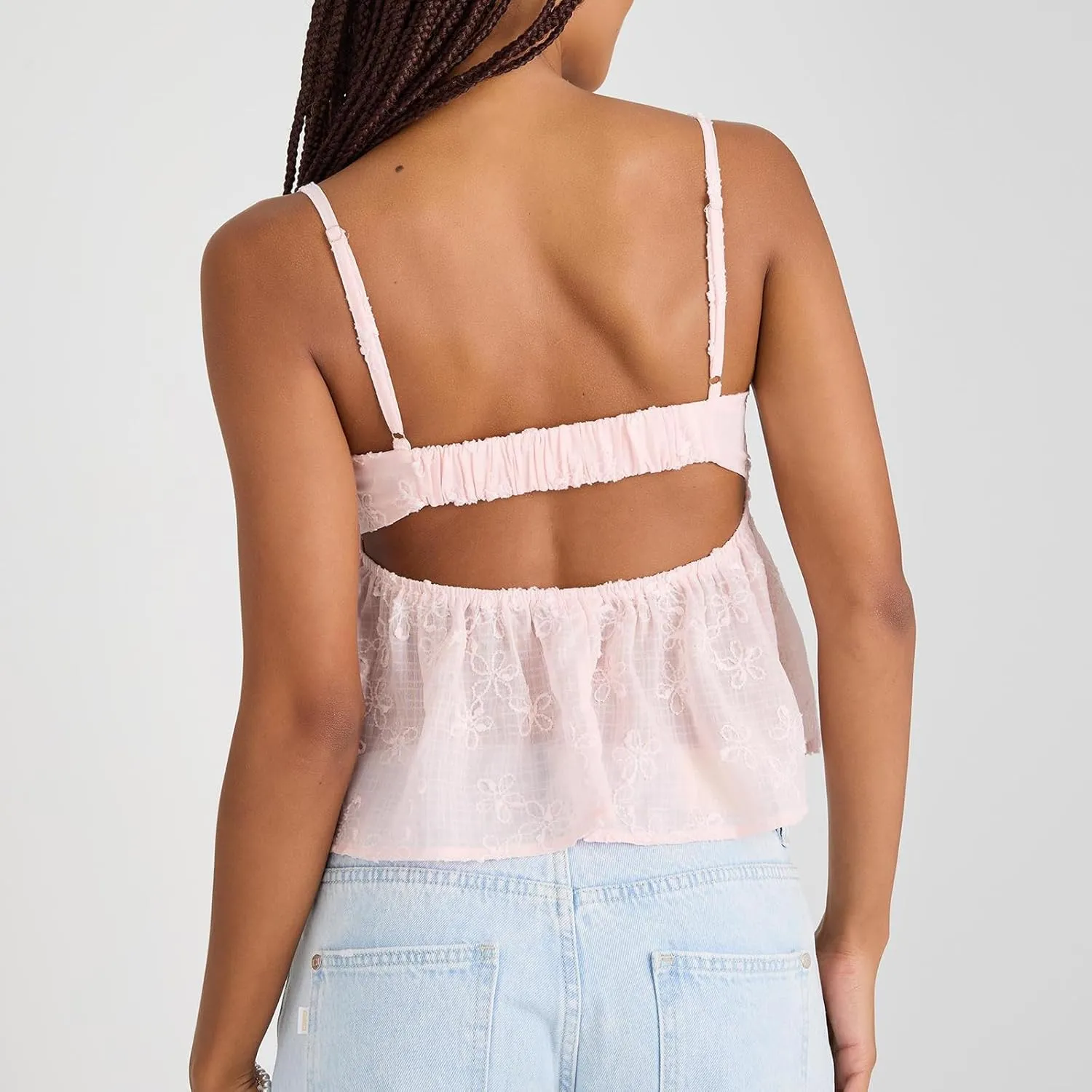 Women Y2k Embroidery Floral Square Neck Tank Tops Ruffle Flowy Summer Solid Camisole Backless Sleeveless Cami Shirt