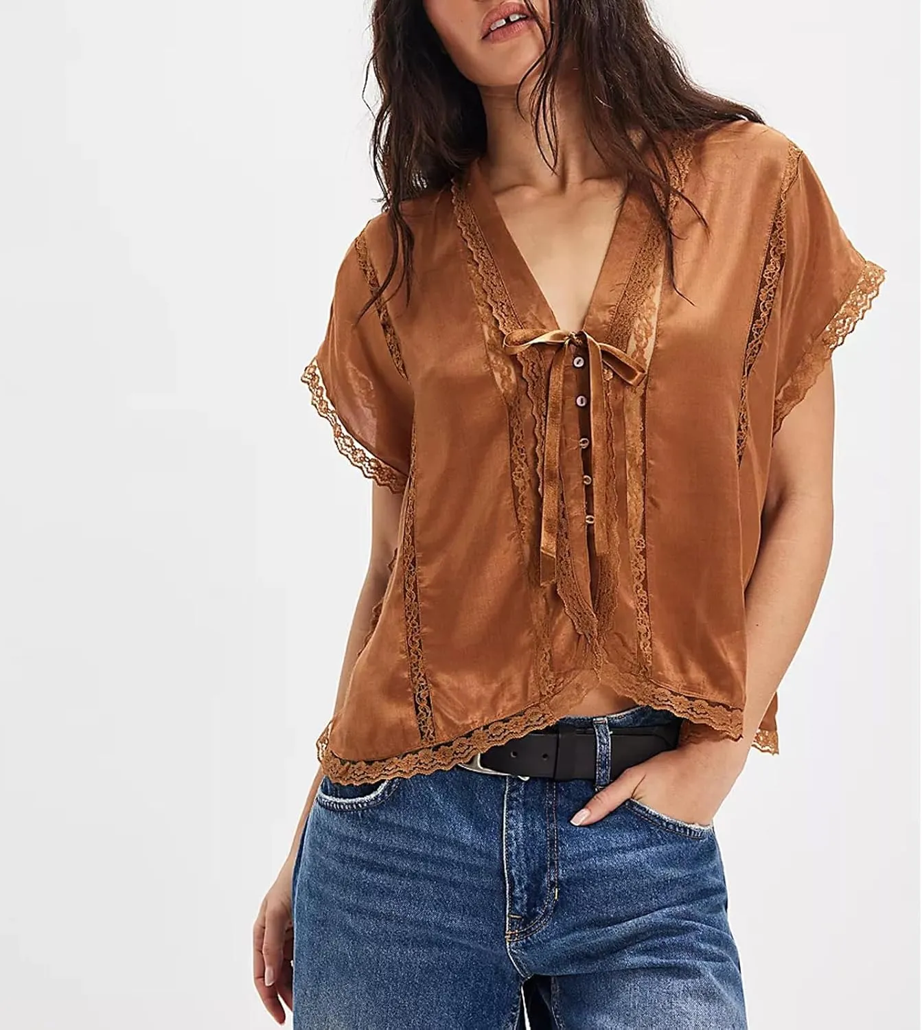 Women Y2k Sheer Lace Trim Button Up Tank Tops Cute Front Tie Up V Neck Going Out Blouse Shirts Vest Summer