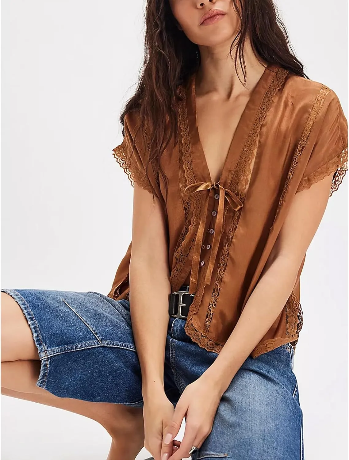 Women Y2k Sheer Lace Trim Button Up Tank Tops Cute Front Tie Up V Neck Going Out Blouse Shirts Vest Summer