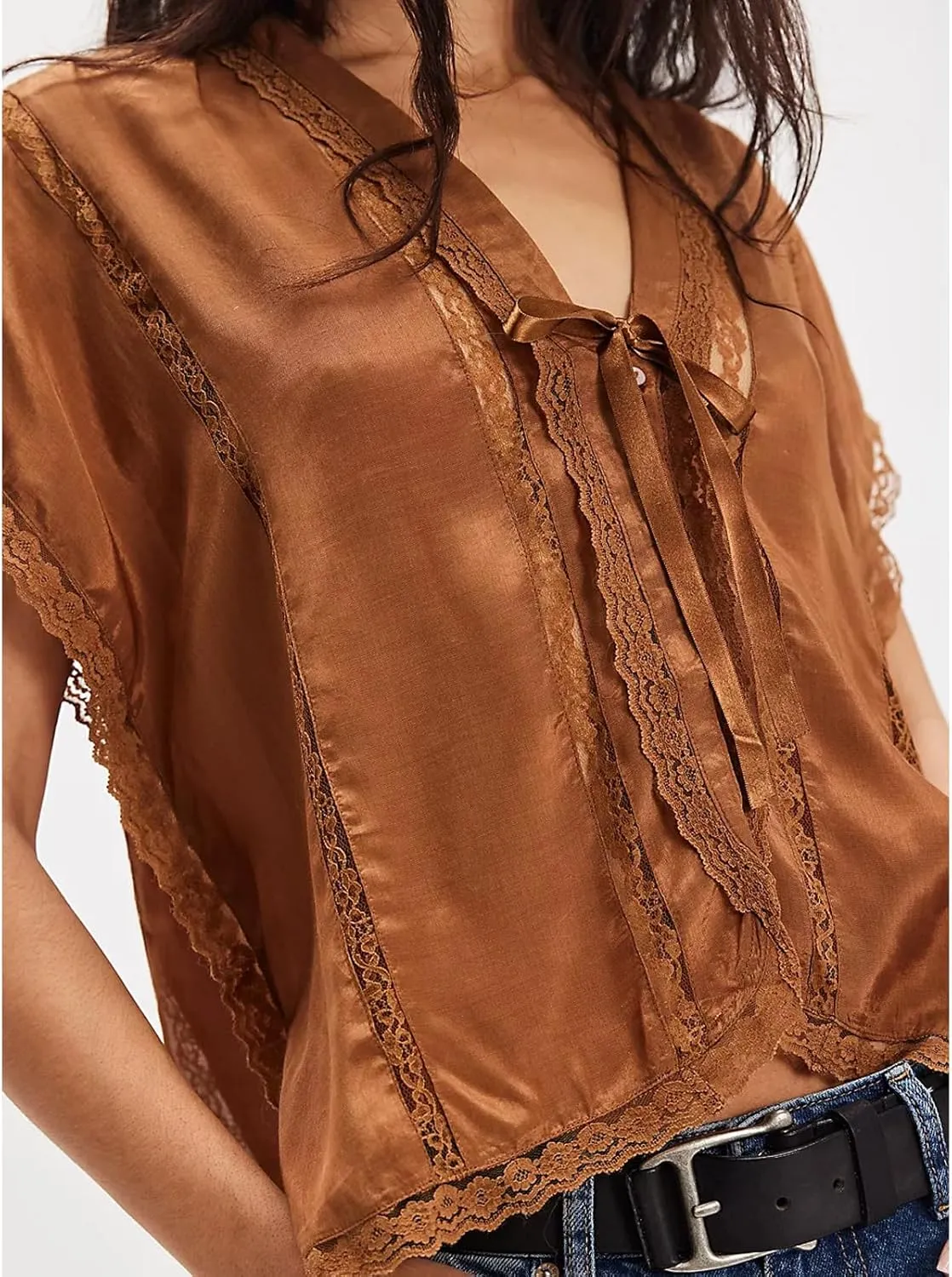 Women Y2k Sheer Lace Trim Button Up Tank Tops Cute Front Tie Up V Neck Going Out Blouse Shirts Vest Summer
