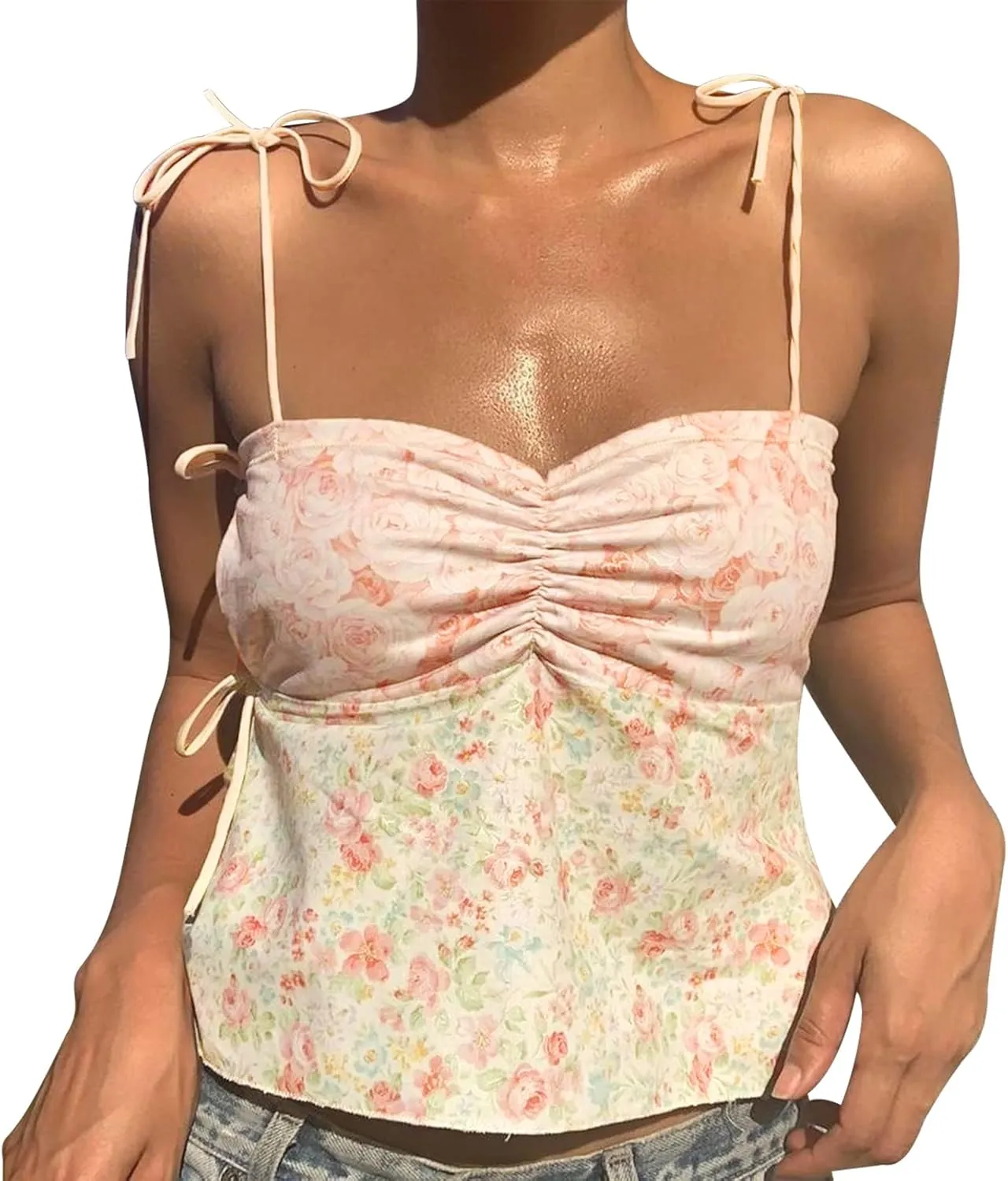 Women Y2k Spaghetti Strap Lace Camisole Sleeveless Floral Ruffle Crop Cami Top Slim Fit Going Out Tops Streetwear