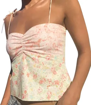 Women Y2k Spaghetti Strap Lace Camisole Sleeveless Floral Ruffle Crop Cami Top Slim Fit Going Out Tops Streetwear